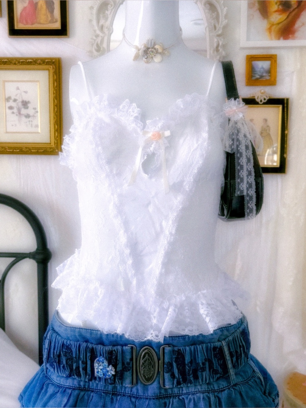 Y2K coquette rosette lace white lingerie top